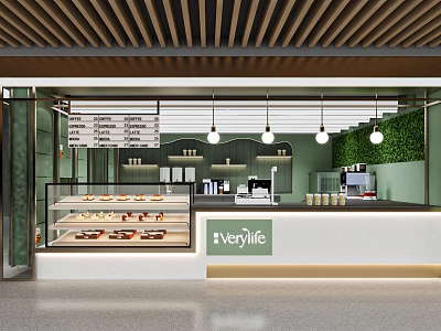 Verylife Bubble Tea Shop Interior With Glass Display Case Green Plant Wall And Hanging Lights 3d model
