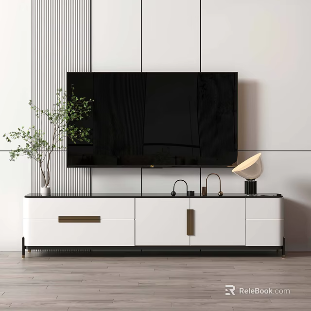 Modern White And Black TV Stand With Flat Screen TV Potted Plant And Table Lamp 3d model 