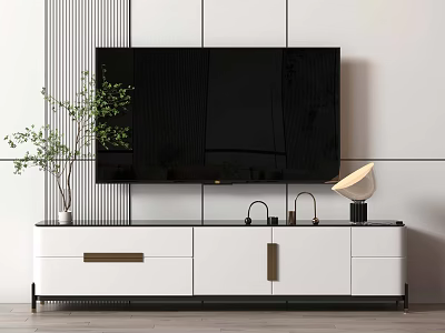Modern White And Black TV Stand With Flat Screen TV Potted Plant And Table Lamp 3d model