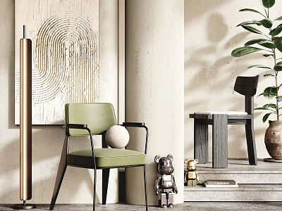 Modern Green Accent Chair With Abstract Wall Art Floor Lamp Potted Plant And Figurine 3d model