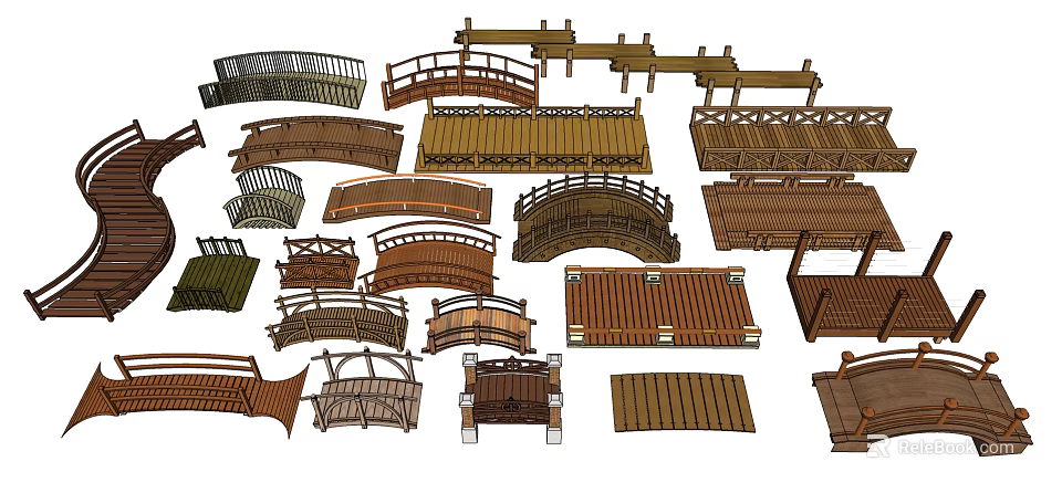 Collection of Various Wooden Bridge Designs With Arch And Flat Styles 3d model 