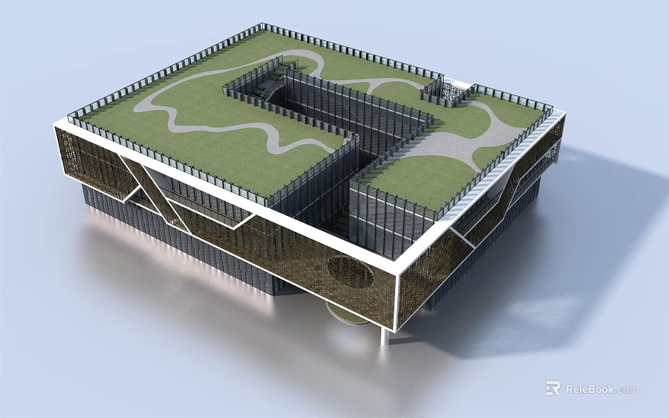 Modern Architectural Design Featuring Green Roof Geometric Structure And Glass Facade 3d model 