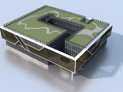 Modern Architectural Design Featuring Green Roof Geometric Structure And Glass Facade 3d model