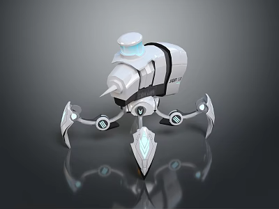 Sci Fi Game Movie Character Robot With White Gray Body Circular Top And Mechanical Claws 3d model