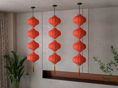 Red Lanterns As Hanging Decor In Modern Interior With Plants 3d model