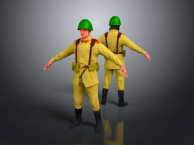 Men in yellow military uniforms with green helmets brown suspenders black boots and standing pose 3d model