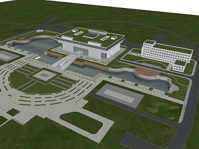 Aerial View Of Modern Architectural Complex With Central Plaza Landscaped Gardens And Pathways 3d model