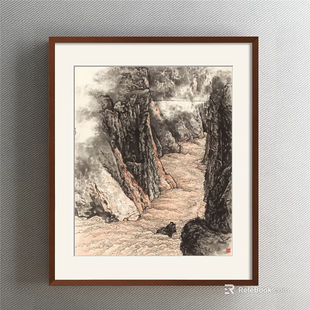 Chinese Traditional Landscape Painting Featuring Steep Cliffs Flowing River and Misty Clouds 3d model 
