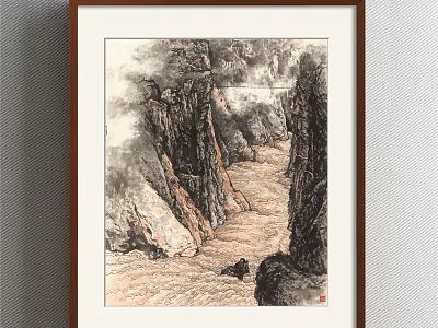 Chinese Traditional Landscape Painting Featuring Steep Cliffs Flowing River and Misty Clouds 3d model