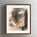 Chinese Traditional Landscape Painting Featuring Steep Cliffs Flowing River and Misty Clouds