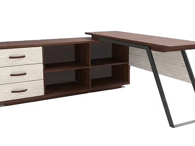 Modern Wooden Desk With White Drawers Open Shelves And Black Metal Legs 3d model