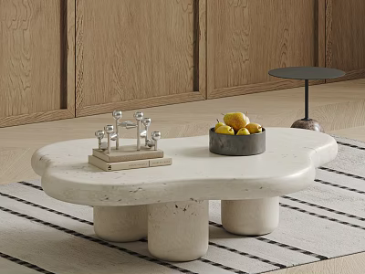 Irregular Marble Coffee Table with Cylindrical Legs Metal Bowl Fruits and Small Decorative Sculpture on Rug 3d model