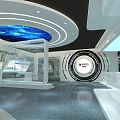 Futuristic Exhibition Interior Featuring Circular Ceiling Ring Lights And Streamlined White Seats 3d model