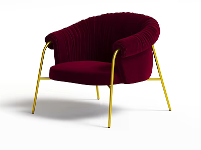 Burgundy Velvet Single Sofa With Curved Arms Pleated Design And Gold Metal Legs 3d model