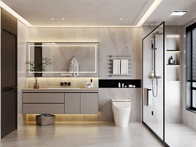 Modern Bathroom Interior With Marble Walls Large Mirror Vanity Toilet And Glass Shower Enclosure 3d model