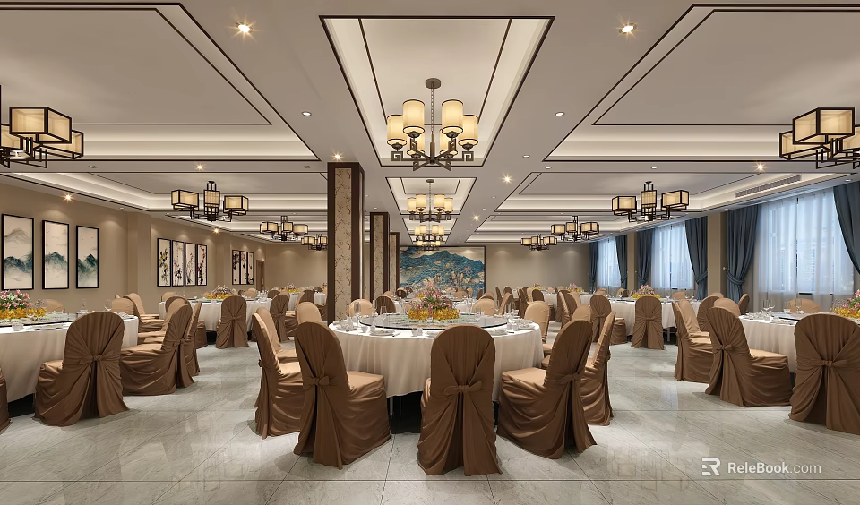 Elegant Banquet Hall Featuring Chandeliers Round Dining Tables White Tablecloths and Brown Chair Covers 3d model 