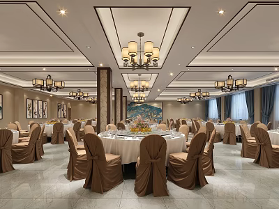 Elegant Banquet Hall Featuring Chandeliers Round Dining Tables White Tablecloths and Brown Chair Covers 3d model