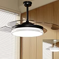 Modern Ceiling Fan Light in Room With Wooden Walls and White Blinds