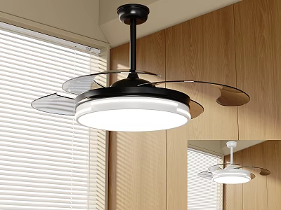 Modern Ceiling Fan Light in Room With Wooden Walls and White Blinds 3d model