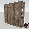 Wooden Wardrobe With Rattan Panel Doors Open Storage Shelves Decorative Items And Woven Basket