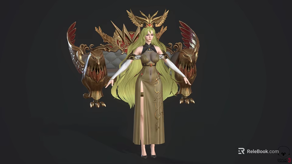 Elegant Game Movie Character With Golden Long Hair Brown Dress Ornate Eagle Head Back Structure 3d model 