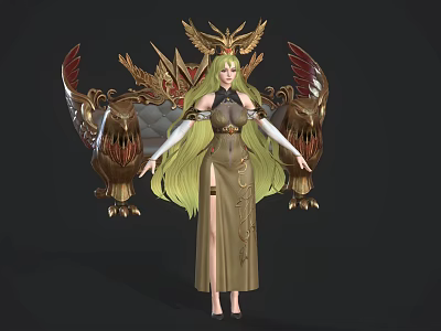 Elegant Game Movie Character With Golden Long Hair Brown Dress Ornate Eagle Head Back Structure 3d model