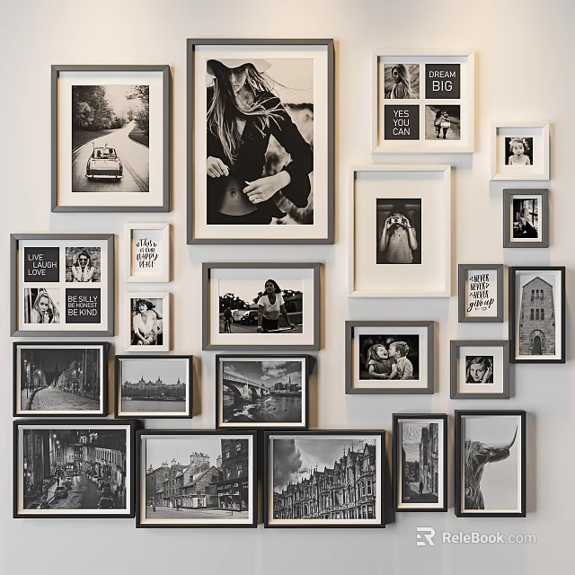 Photo Wall Decor with Black and White Framed Photos Collage Arrangement Portraits Landscapes Architecture 3d model 