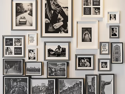 Photo Wall Decor with Black and White Framed Photos Collage Arrangement Portraits Landscapes Architecture 3d model