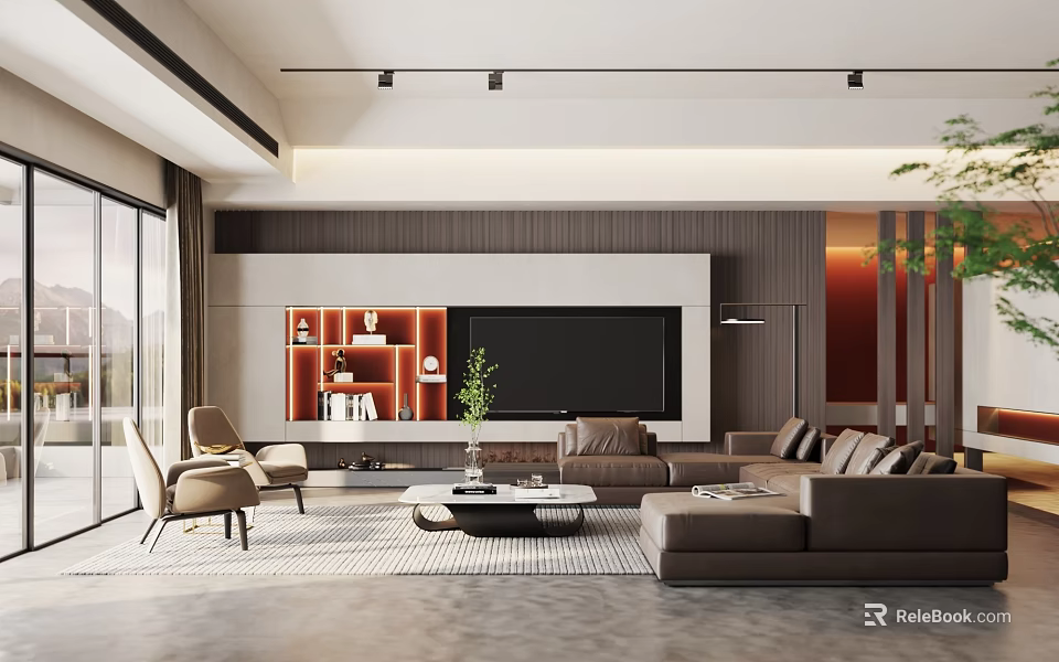 Modern Living Room Interior With Brown Sofa TV Background Wall And Sliding Glass Doors 3d model 