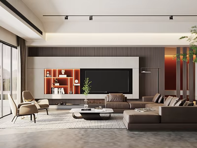 Modern Living Room Interior With Brown Sofa TV Background Wall And Sliding Glass Doors 3d model