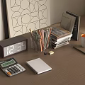 Notebook on Wooden Desk with Calculator Clock Pencil Holder Stack of Books and Mug