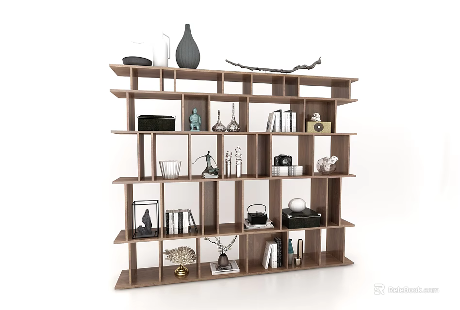 Wooden Multi Tiered Decorative Display Cabinet With Vases Books And Decorative Items 3d model 