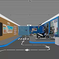 Modern Exhibition Hall Showroom With Motorcycle Directional Arrows And Display Walls