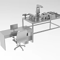 Advanced Industrial Equipment Setup with Robotic Arm Workbench Computer Monitor and Office Chair