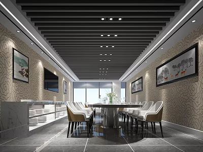 Restaurant Interior With Black Ceiling Beams Decorative Paintings Round Dining Table And White Chairs 3d model