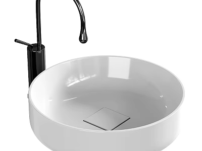 Modern Round Ceramic Wash Basin with Black Faucet and Elegant Bathroom Decor Design 3d model