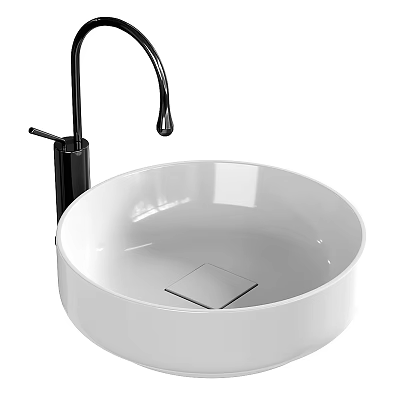 Modern Round Ceramic Wash Basin with Black Faucet and Elegant Bathroom Decor Design 3d model
