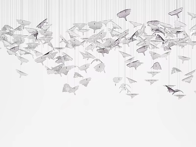 White and Purple Fish Shaped Chandelier with Hanging Decorative Elements in Unique Design 3d model