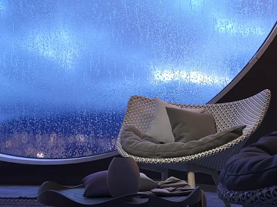 Wicker Lounge Chair With Beige Brown Pillows And Raindrops On Glass Window 3d model
