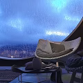 Wicker Lounge Chair With Beige Brown Pillows And Raindrops On Glass Window