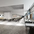 Modern Restaurant Interior With Linear Ceiling Marble Walls And Arranged Tables Chairs 3d model