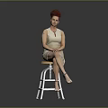 Woman Sitting on Stool in Beige Sleeveless Dress with Red Short Hair and High Heels