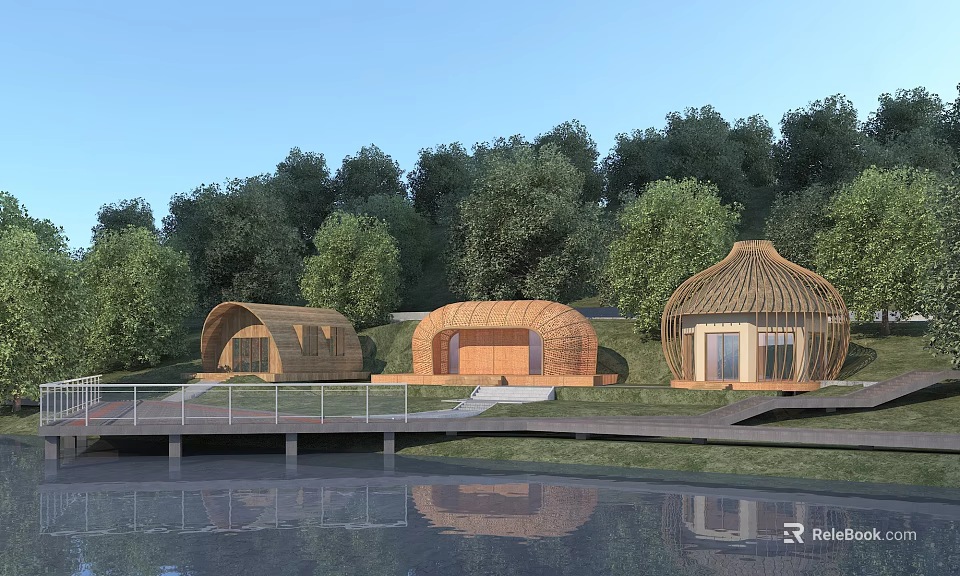 Dome Shaped Wooden Houses By Lakeside With Green Trees Grass And Calm Water 3d model 