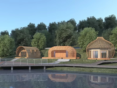 Dome Shaped Wooden Houses By Lakeside With Green Trees Grass And Calm Water 3d model