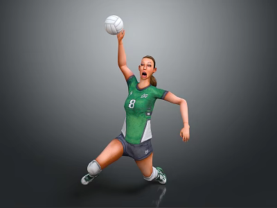 Woman Playing Volleyball In Green Jersey With Number 8 Jumping To Spike 3d model