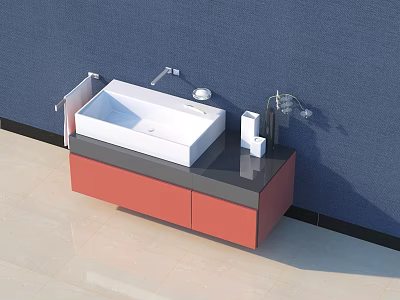 Modern Bathroom Vanity With White Basin Red Cabinet Dark Countertop Against Blue Wall 3d model