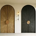 Arch Design Double Doors With Golden Black Radiant Texture Round Handle And Wall Sconces
