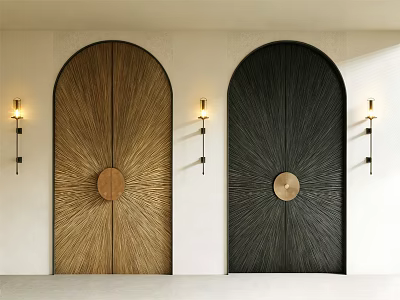 Arch Design Double Doors With Golden Black Radiant Texture Round Handle And Wall Sconces 3d model
