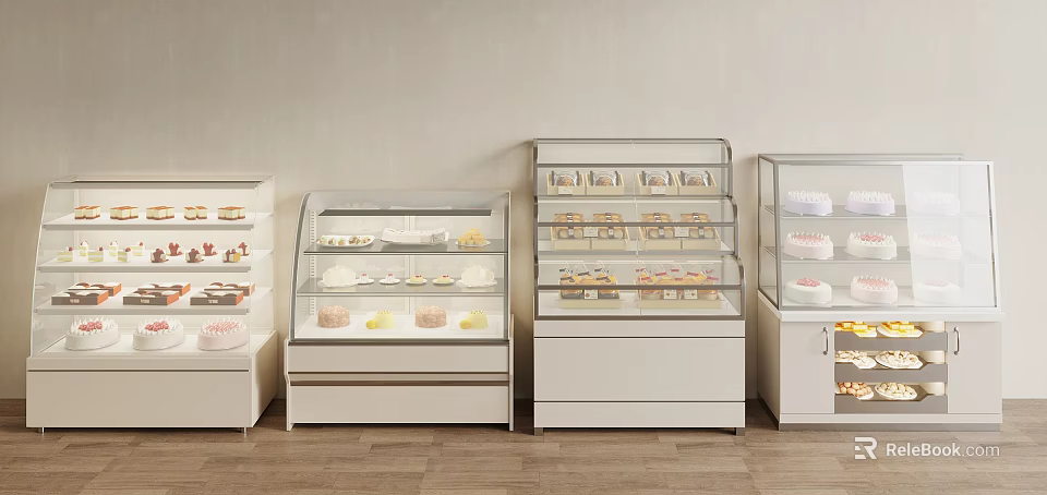 Modern Glass Display Cases for Bakery Desserts with White Shelves And Pastry Arrangements 3d model 