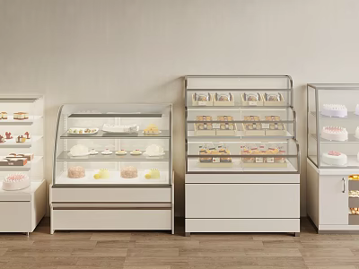 Modern Glass Display Cases for Bakery Desserts with White Shelves And Pastry Arrangements 3d model
